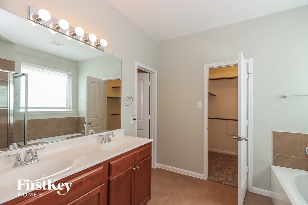 a bathroom with a sink and a mirror and a shower