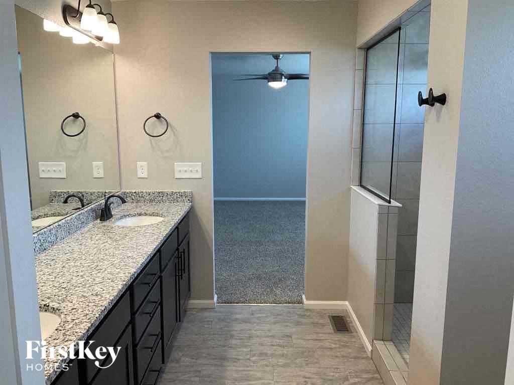 a bathroom with a sink and a shower and a mirror