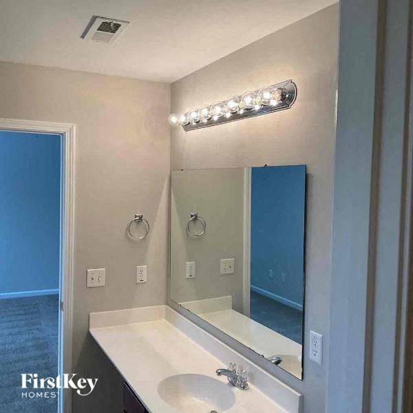 a bathroom with a sink and a large mirror