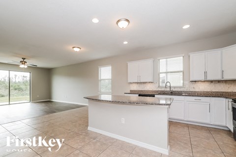 A kitchen with a counter and cabinets is shown in this image.