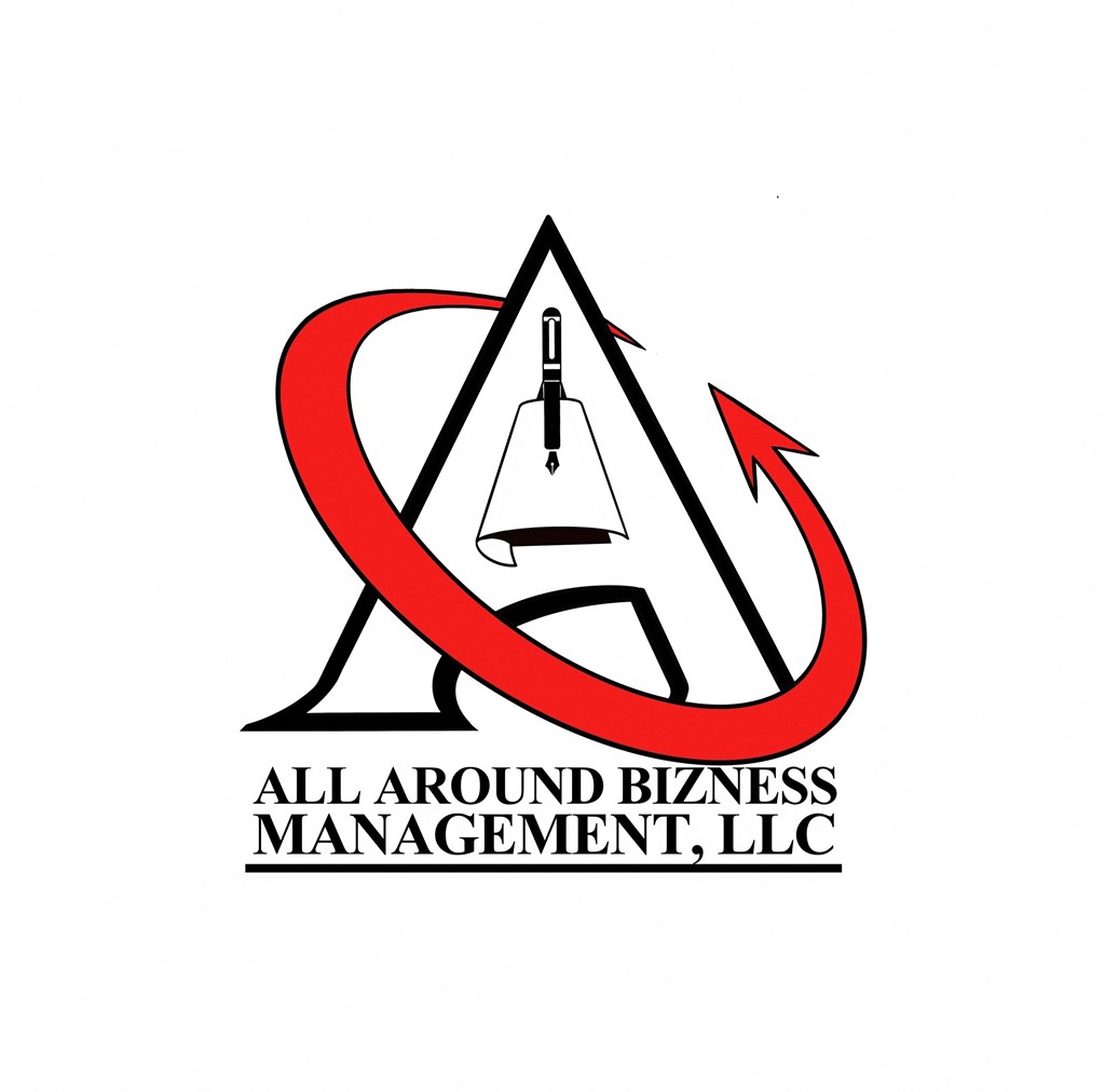 A logo for All Around Bizness Management, LLC featuring a red circular arrow and a black and white pencil.