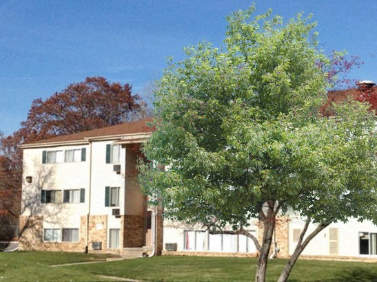 an apartment building with a tree in front of it