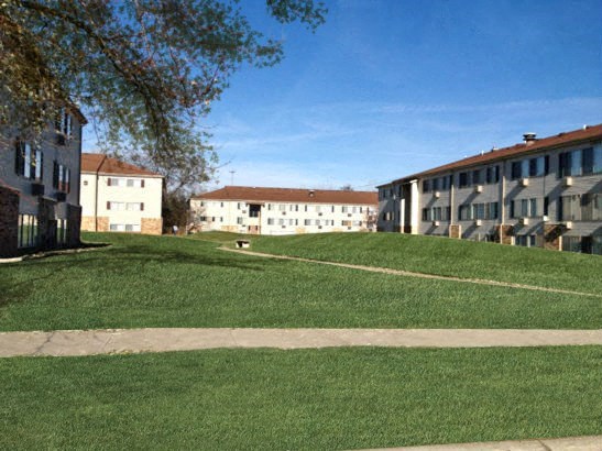 a lawn in front of a row of apartment buildings