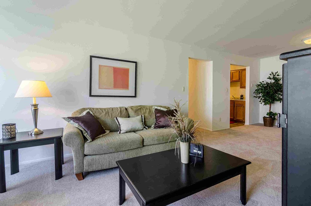 a living room with a couch and a coffee table