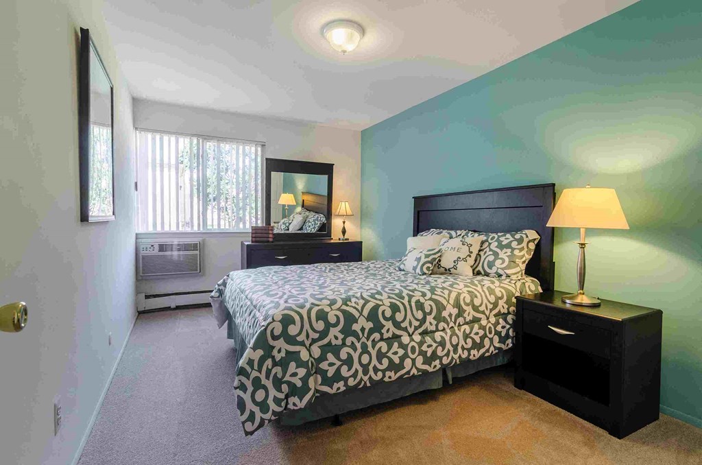 a bedroom with a bed and a dresser and a window