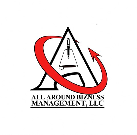 A logo for All Around Bizness Management, LLC featuring a red circular arrow and a black and white pencil.