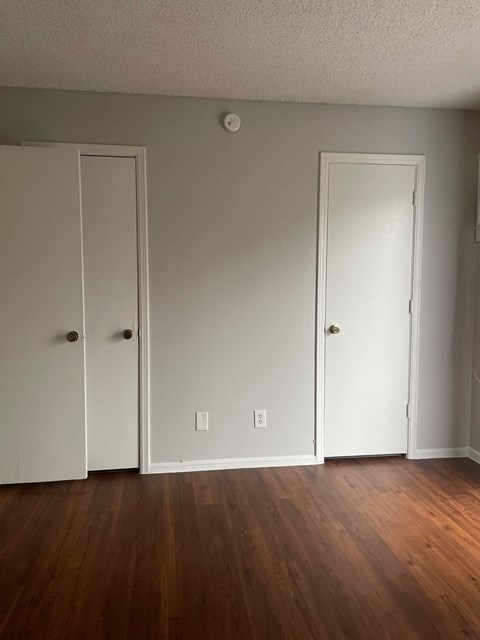 Three white doors in a room with wood floors.