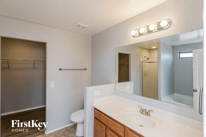 a bathroom with a sink and a mirror and a toilet