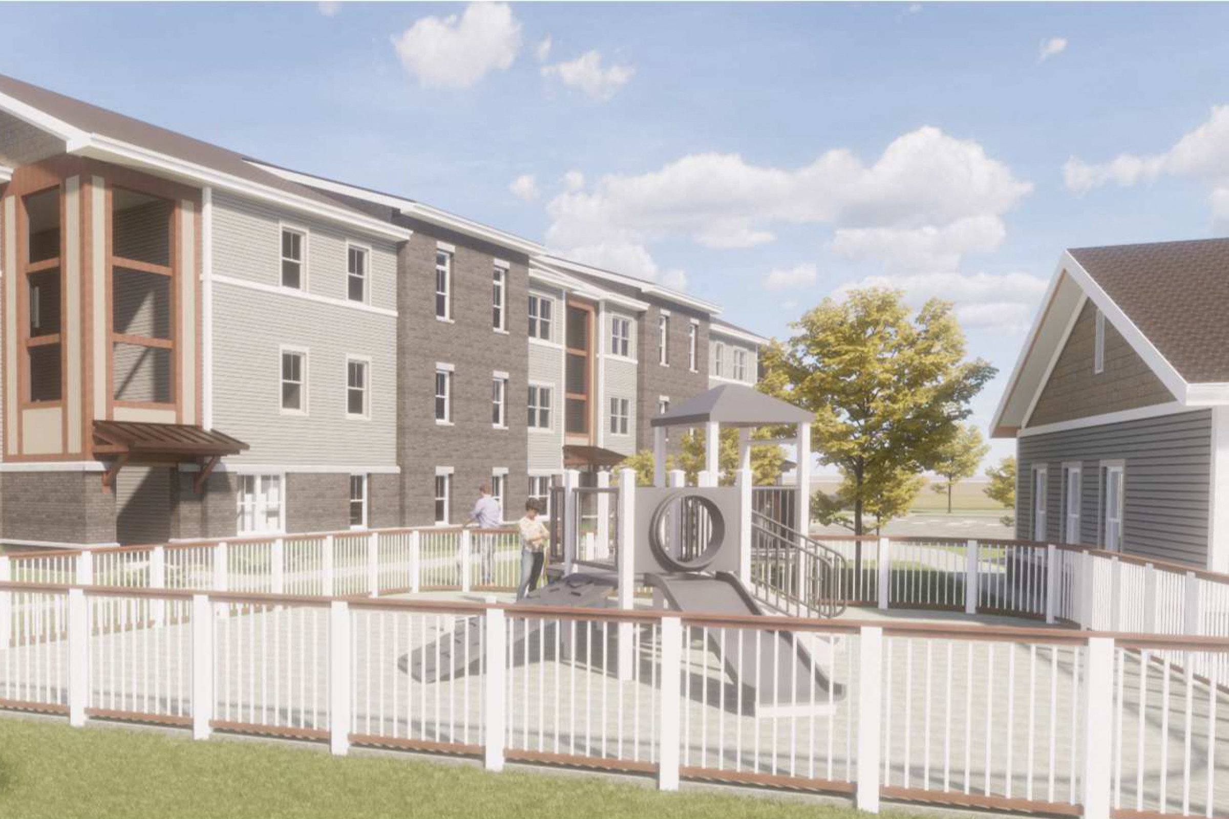 an artist s rendering of an apartment building with a playground