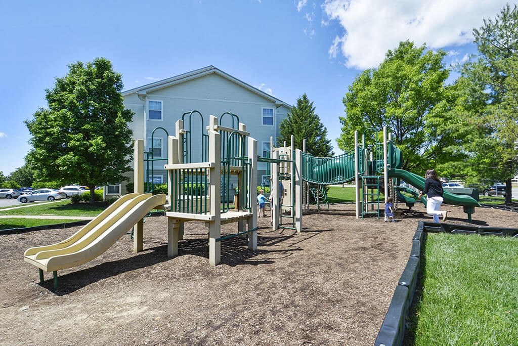 a playground with slides and a house in a park