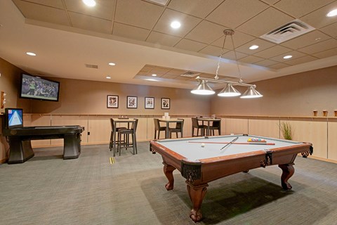 A pool table in the middle of a room with a TV and tables.