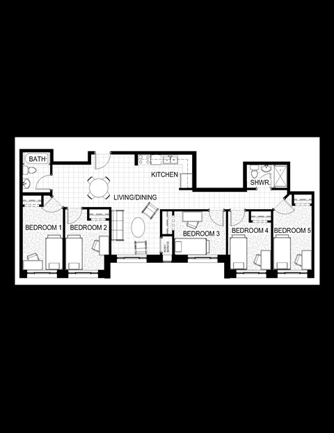 A black and white image of a floor plan for a house with five bedrooms.