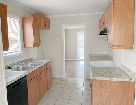 A kitchen with wooden cabinets and a sink.