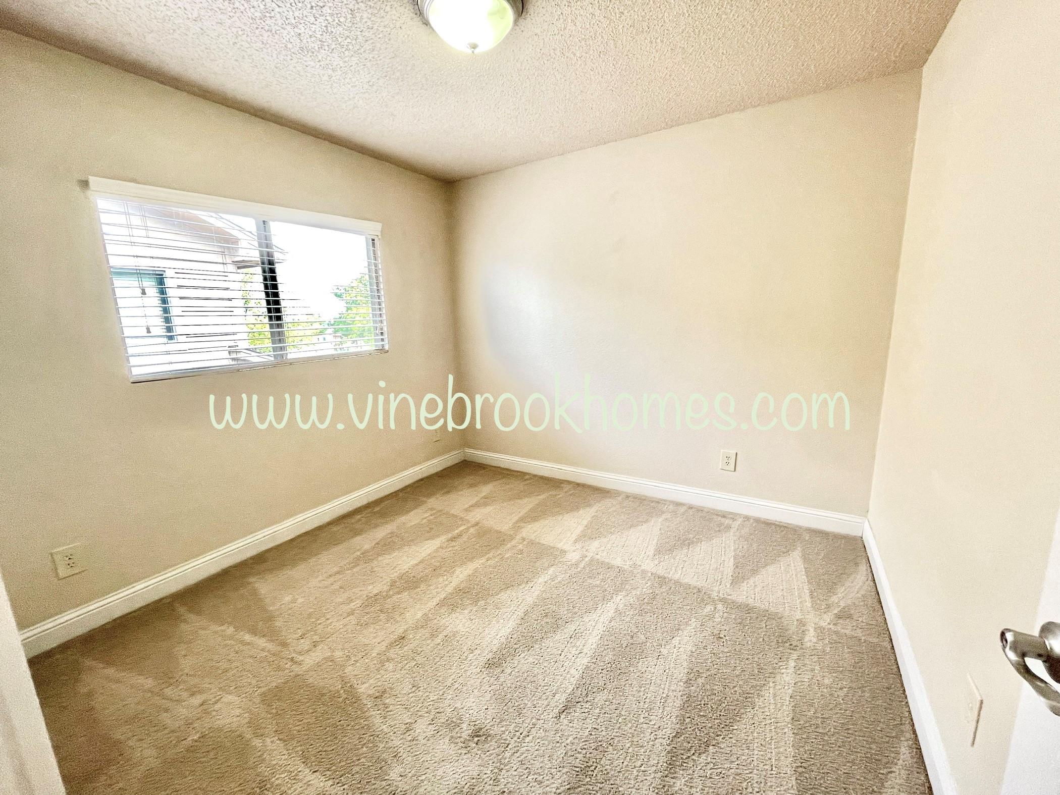 an empty bedroom with a window and a carpeted floor