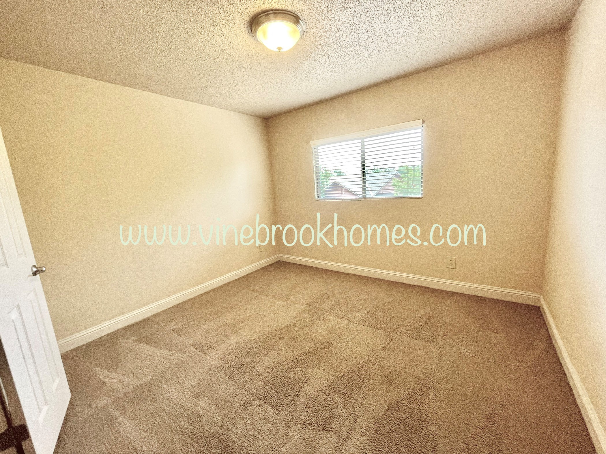 a bedroom with a carpeted floor and a window