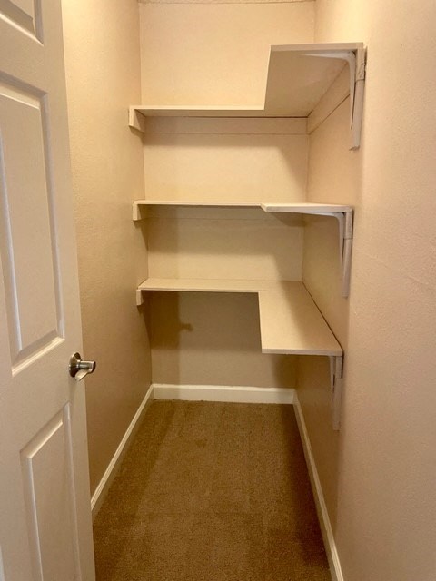 A white door is on the left of a hallway with three shelves.