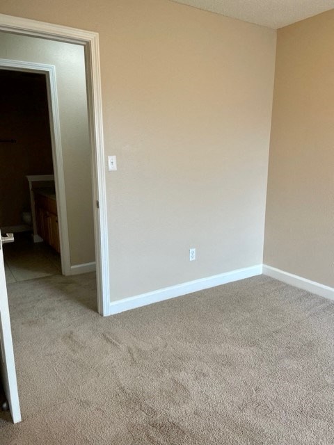 A room with a carpeted floor and a doorway leading to another room.