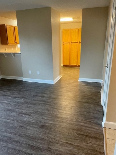 an empty living room with a wood floor