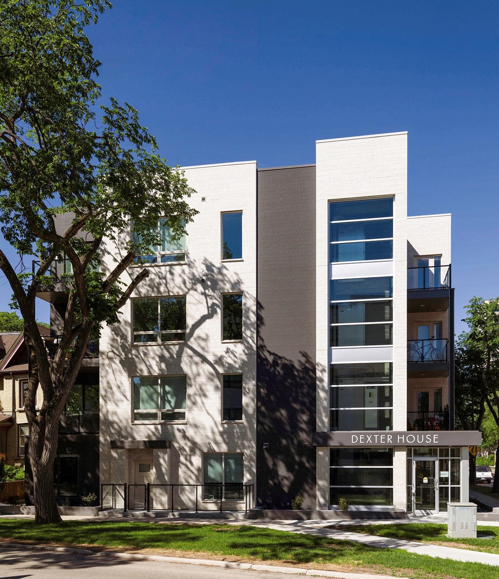 a white building with a tree in front of it