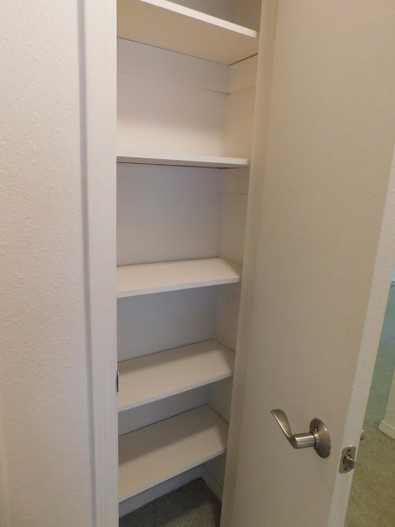 a small closet with empty shelves and a door with a silver handle