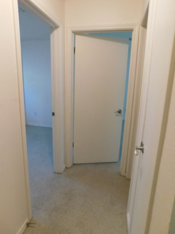 a hallway with an open door and a closet