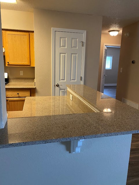 a kitchen with a counter top and a door