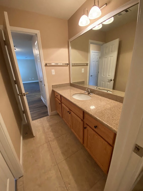 a bathroom with a sink and a large mirror