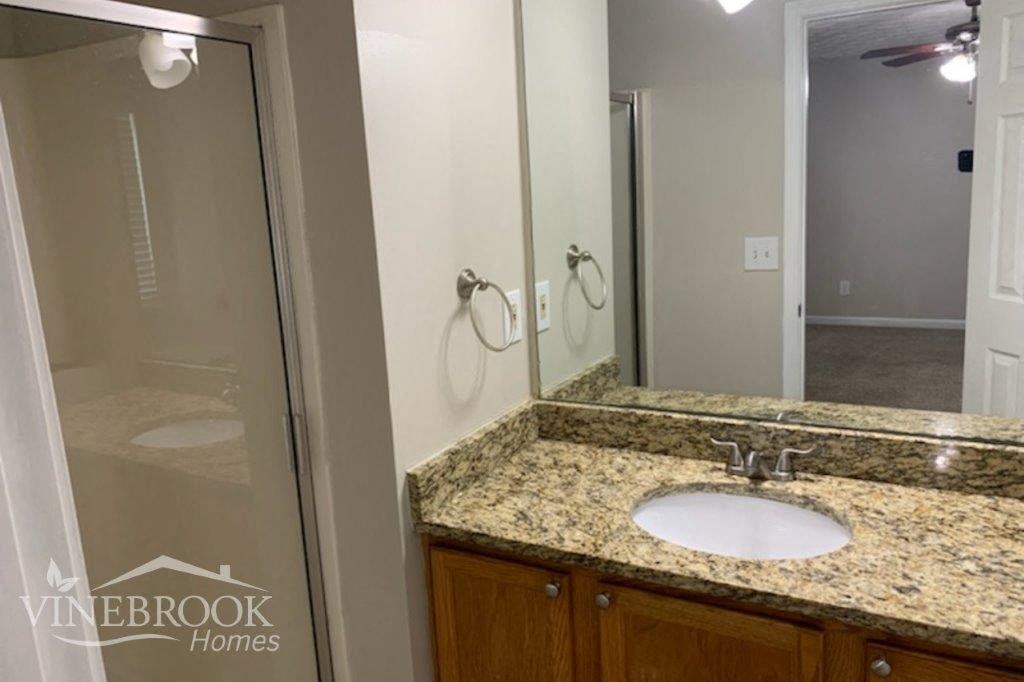a bathroom with a sink and a shower and a mirror