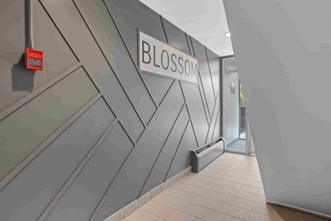 A hallway with a wall that has the word "BLOSSOM" on it.