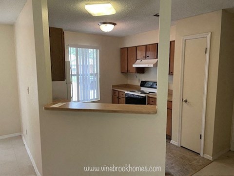 A kitchen area with a counter and cabinets.