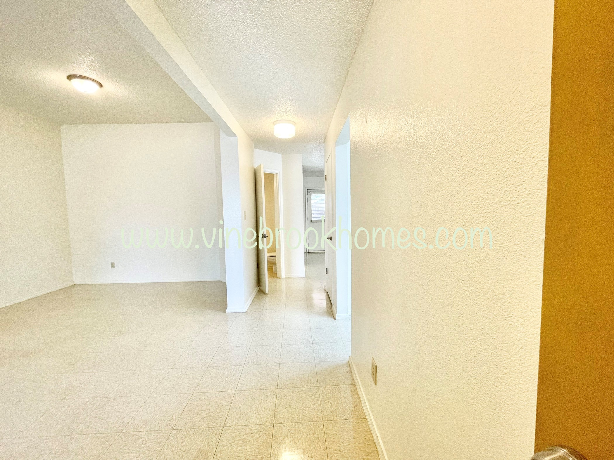 renovated living room with hallway to the dining room and kitchen