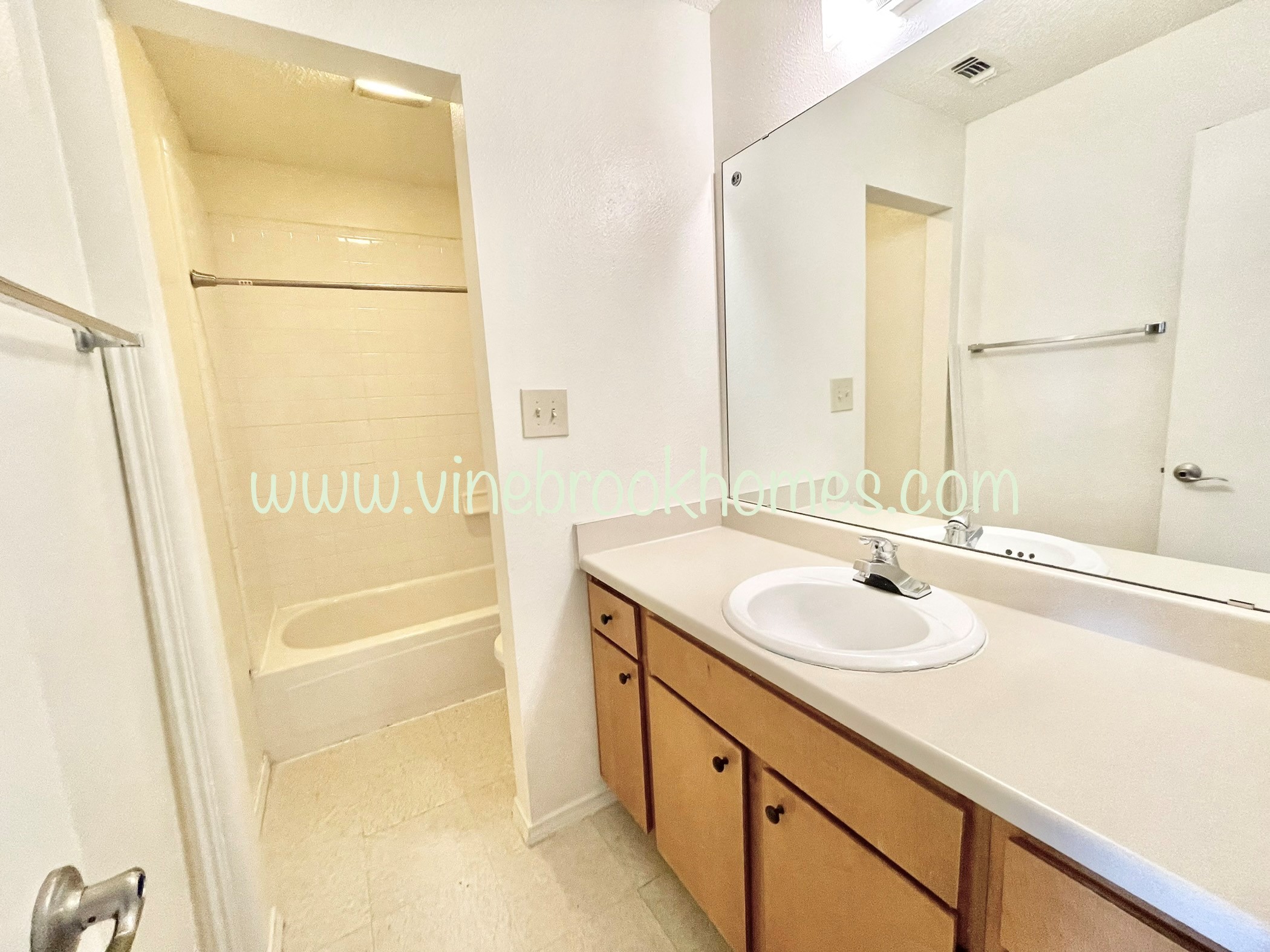 a bathroom with a sink and a shower and a mirror