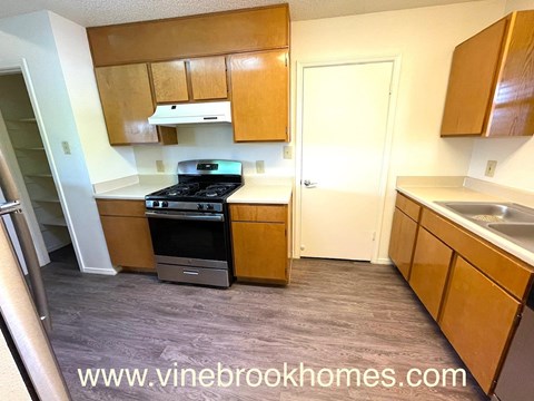 a kitchen with wooden cabinets and a stove and a sink