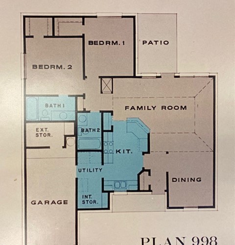 A floor plan shows a layout with two bedrooms, a family room, a dining area, a garage, and a patio.