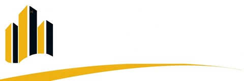 A graphic of a city skyline with buildings in black and yellow.