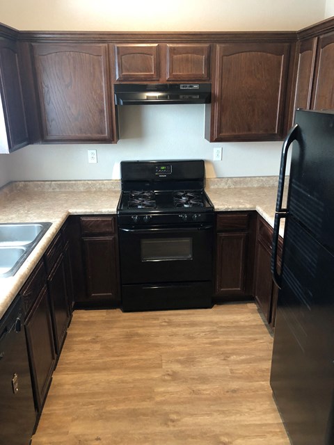 A black stove and oven in a kitchen with wooden cabinets.