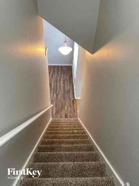 a staircase with carpeted stairs and a light