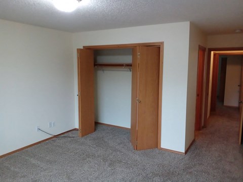 a bedroom with a closet and an open door