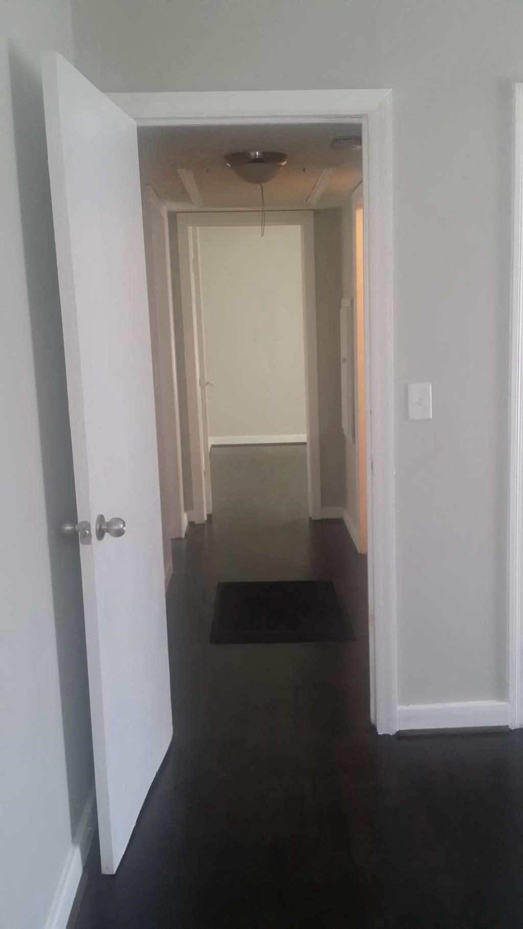 a hallway with a dark wood floor and white walls and a door