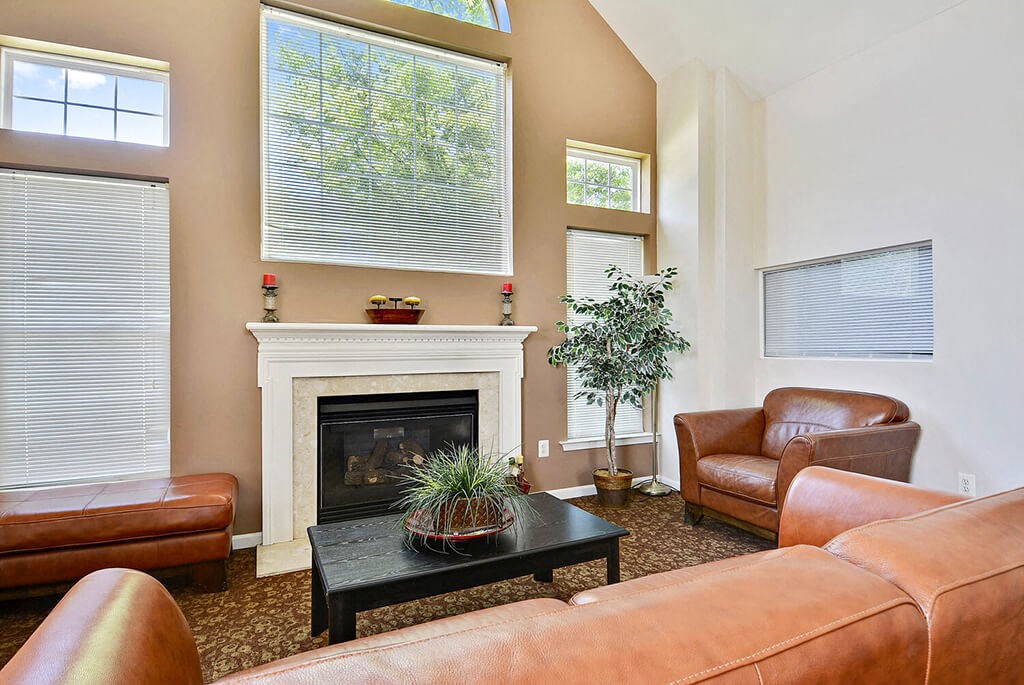 a living room with leather furniture and a fireplace
