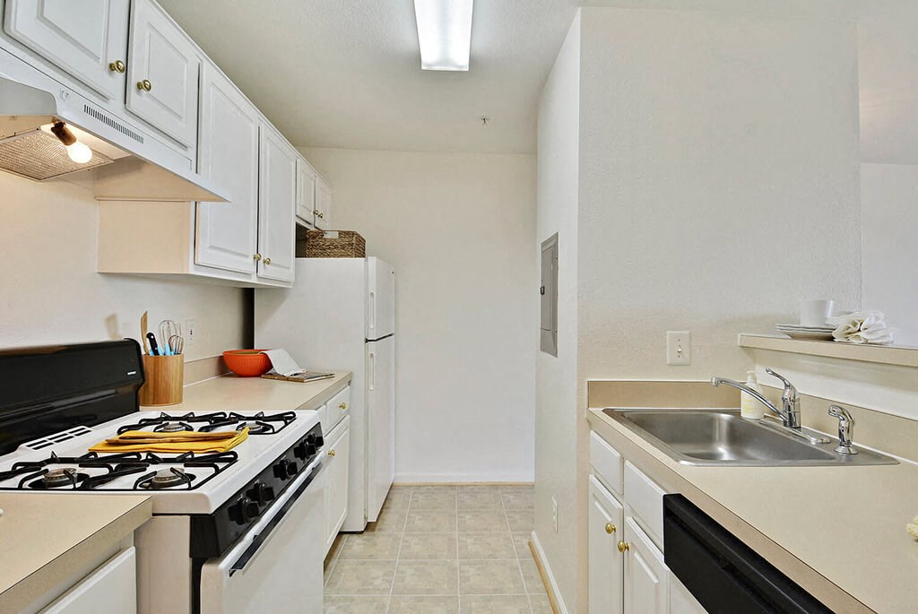 a kitchen with white cabinets and a stove and a sink