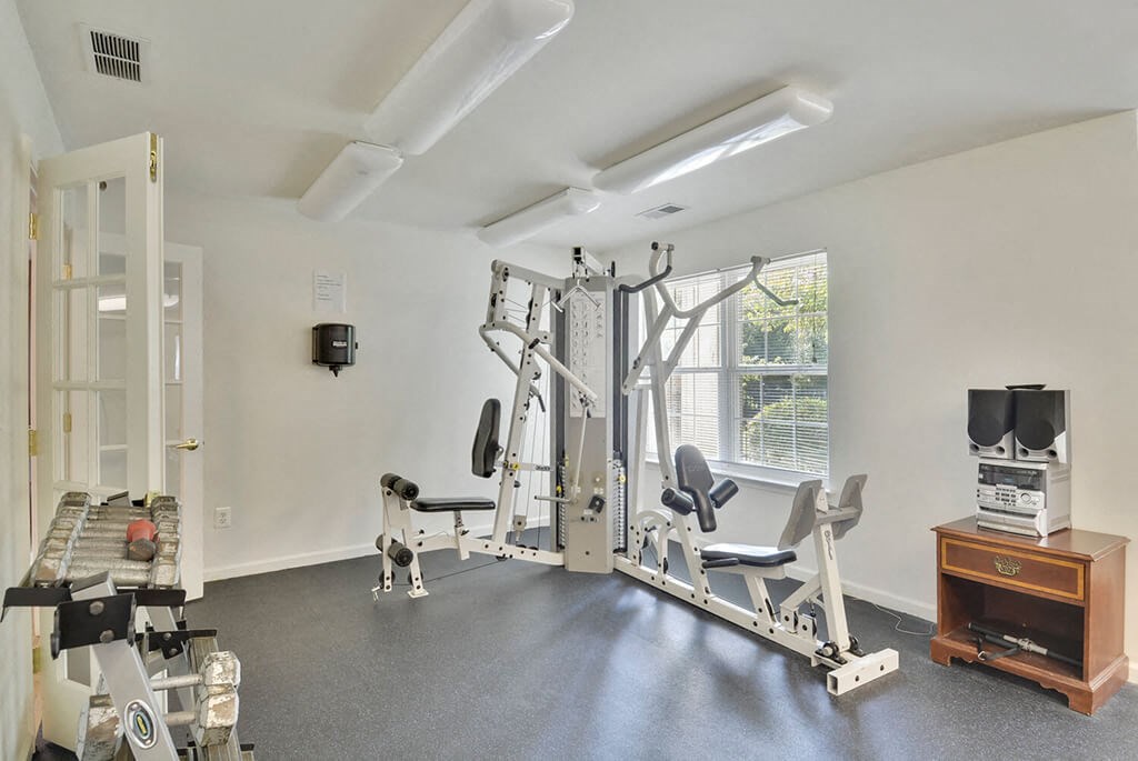 the gym has treadmills and other exercise equipment in the home gym