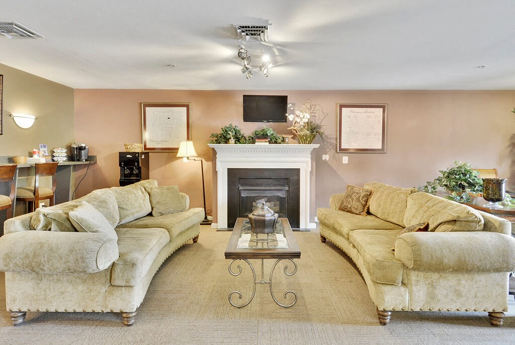 a living room with couches and a fireplace