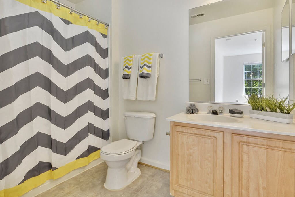 a bathroom with a black and white shower curtain and a toilet