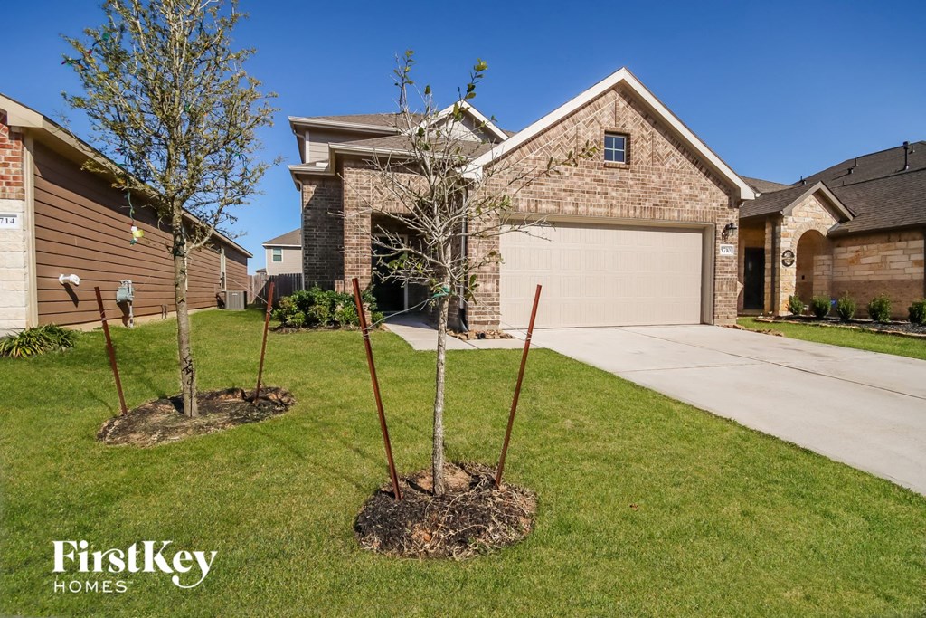 three newly planted trees in the front yard of a house