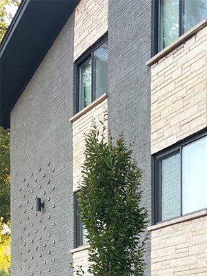 a garden in front of a building with a green sign