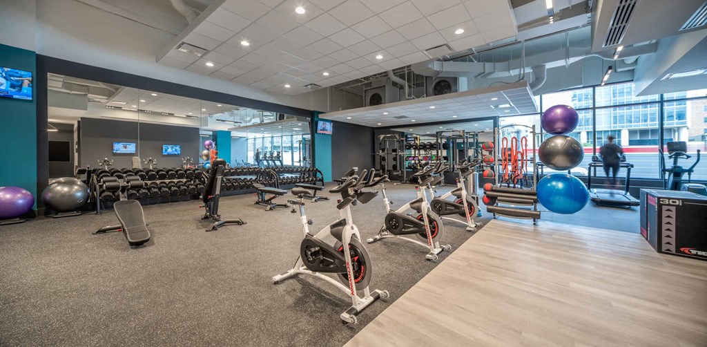 a gym with cardio machines and weights on the floor