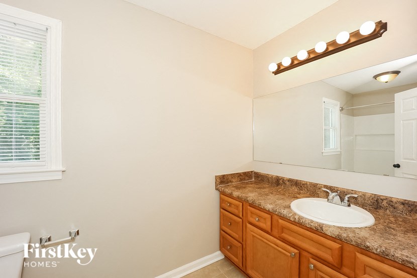 a bathroom with a sink and a mirror and wooden cabinets