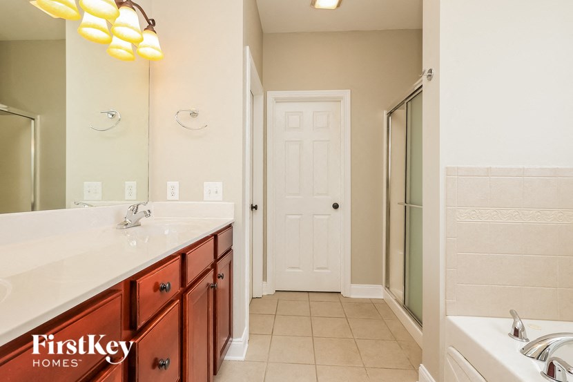 a bathroom with a sink and a mirror and a shower