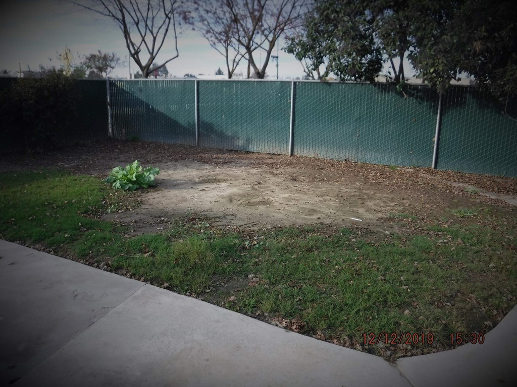 the back yard of an empty yard with a fence